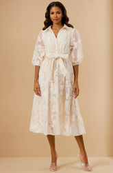 GG4018 Cream Embroidery Mesh Midi Dress